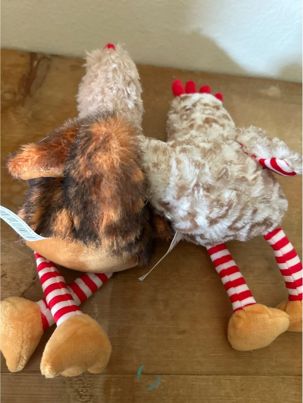 Set of Two Plush Chicken Stuffed Animals with Red and White Striped Legs